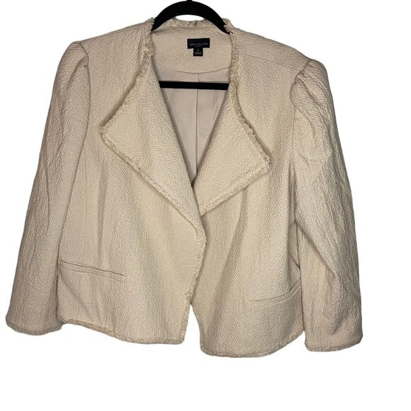 Ann Taylor Factory Women Jacket Blazer Shacket Cream Fringe Hem‎ Texture Size 14 - Picture 1 of 3